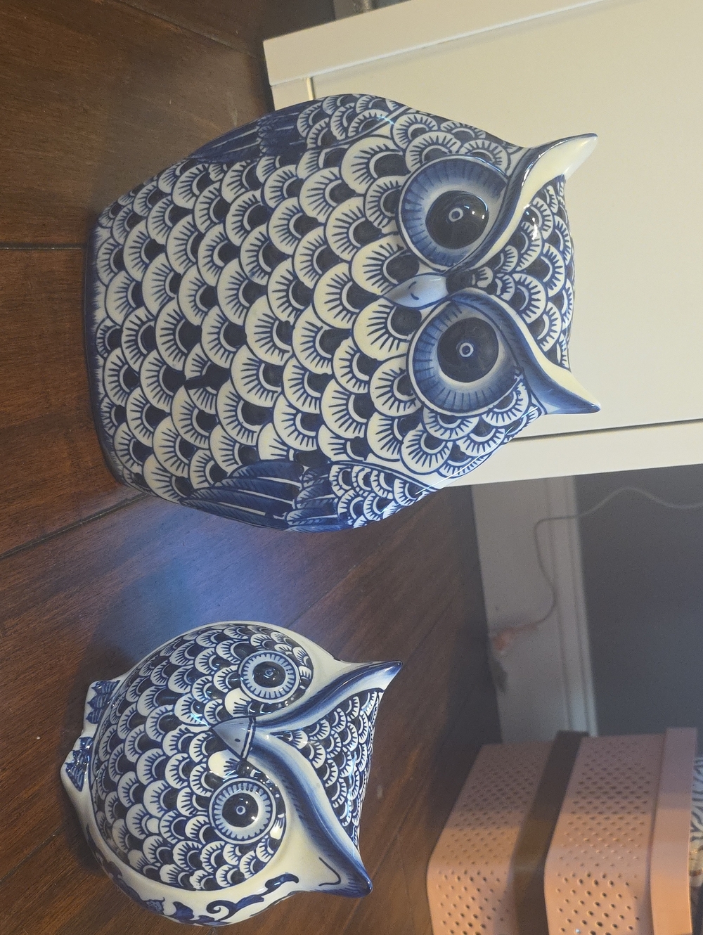 Pier 1 Blue and White Ceramic Owl Pair Figurines